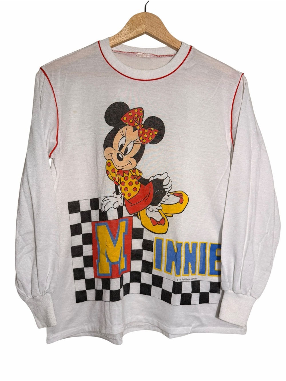 Disney White Long Sleeve Minnie Mouse Graphic Tee with Red Trim